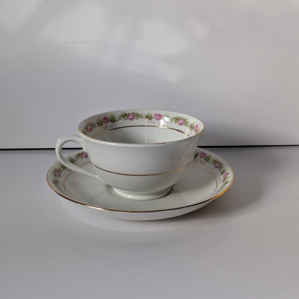 Antique Teacup Imperial Porcelain Wedgwood England Pink Rosettes Cup & Saucer - Picture 5 of 14